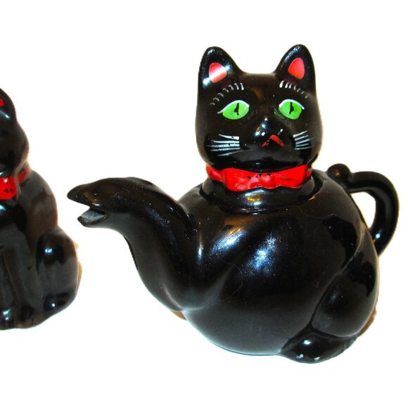 Vtg Shafford Ebony black red bowed cat teapot with salt & pepper black grown cat - Picture 8 of 15